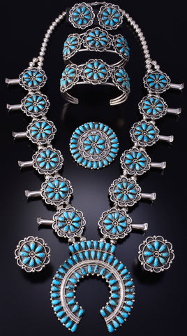 7-Piece Silver & Turquoise Petit Navajo Squash Blossom Necklace Set by M 5J29K