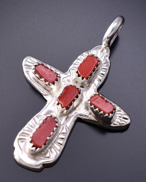 Silver & Coral Zuni Handmade Cross Pendant by Ceceilia Iule 6G29E