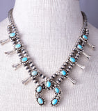 Navajo Kingman Turquoise Small Silver Squash Blossom Necklace by Leona Delgarito 5L23A