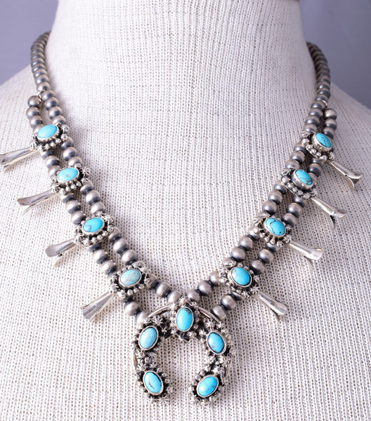 Navajo Kingman Turquoise Small Silver Squash Blossom Necklace by Leona Delgarito 5L23A