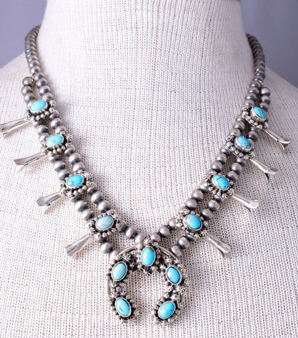 Navajo Kingman Turquoise Small Silver Squash Blossom Necklace by Leona Delgarito 5L23A