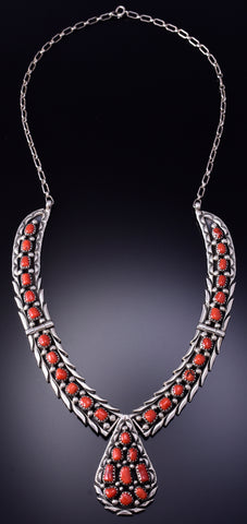 Vintage Silver & Mediterranean Coral Navajo Foldable Necklace 5D18G