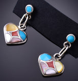 Silver & Turquoise Multistone Zuni Inlay Heart Earrings by Orena Leekya 6D22R