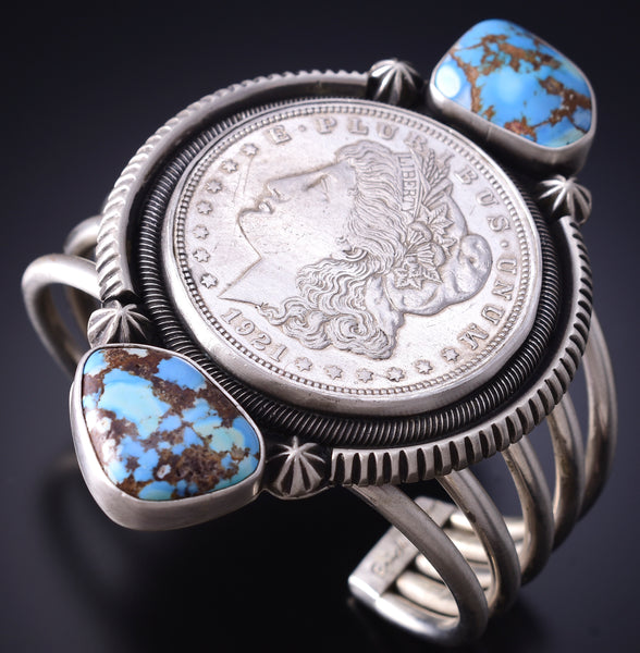 Silver & Golden Hills Turquoise Morgan Silver Dollar Bracelet Erick Begay 6H15A