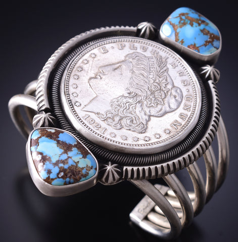 Silver & Golden Hills Turquoise Morgan Silver Dollar Bracelet Erick Begay 6H15A