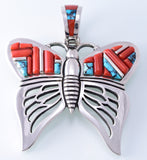 Silver & Coral & Turquoise Navajo Inlay Butterfly Pendant by Erick Begay 3H20Y