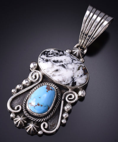 Silver & Golden Hills Turquoise White Buffalo Navajo Pendant Erick Begay 6C02L
