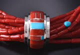 Silver & Turquoise Coral Navajo Inlay Barrel Spinner Necklace Erick Begay 6C02Z