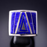 Size 10-1/2 Silver & Lapis Navajo Inlay Men's Ring by TSF 3L07D