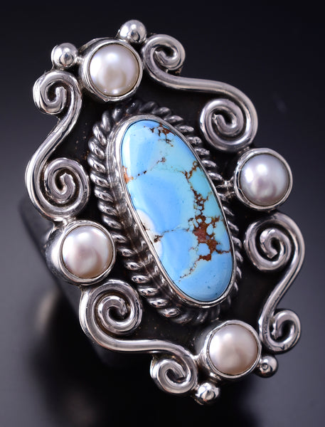 Size 7-1/4 Silver & Golden Hills Turquoise Pearl Navajo Ring Erick Begay 6F28D