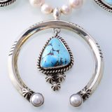 Silver & Golden Hills Turquoise & Fresh Pearl Navajo Squash Blossom Necklace by Erick Begay 3H21W