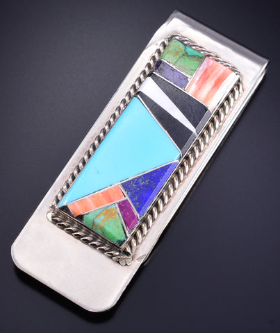 Silver & Turquoise Multistone Navajo Inlay Money Clip by Arnold Yazzie 5L25D