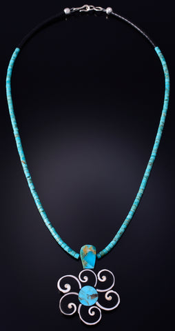 17" Santo Domingo Pueblo (Kewa) Turquoise & Onyx Balance Necklace by Mary Tafoya 5H25X