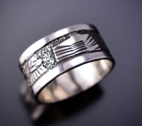 Size 9 Wide Silver Navajo Storyteller Band Ring by Elaine Becenti 6K27V