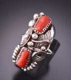 Size 5-1/2 Silver & Coral Feather & Flower Navajo Ring by Max Calabaza 3F22O