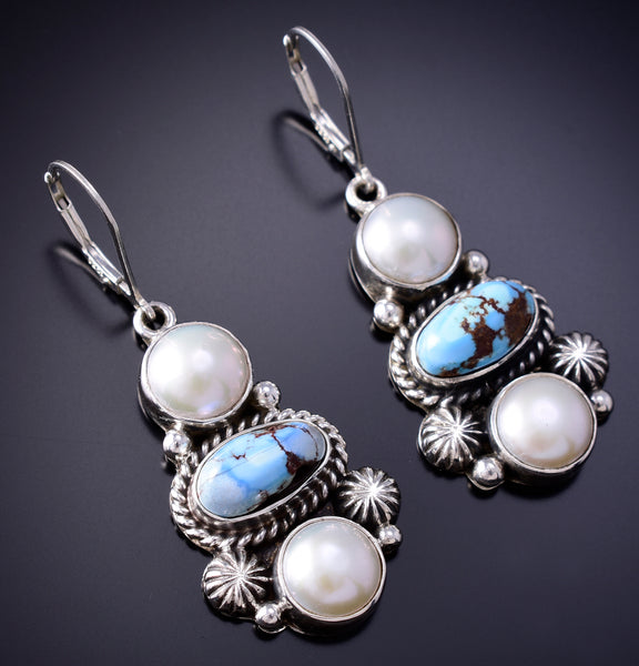 Silver & Golden Hills Turquoise Fresh Pearl Navajo Earrings by Erick Begay 6F27K