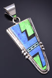 Vintage Silver Multistone Navajo Inlay Long Pendant by Duran Gasper 6A03Y