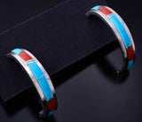 Silver & Turquoise w/ Coral Navajo Inlay Half Hoop Earrings Wilbert Musket 6B14J