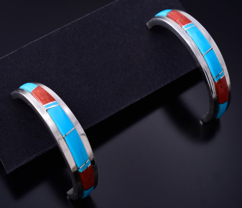 Silver & Turquoise w/ Coral Navajo Inlay Half Hoop Earrings Wilbert Musket 6B14J