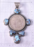 Silver & Golden Hills Turquoise Morgan Silver Dollar Coin Pendant by Nelson Nez 5J18N