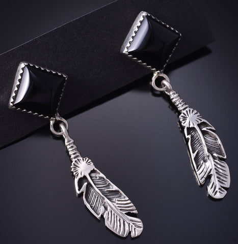 Silver & Onyx Eagle Feather Navajo Earrings by Sabelle Yazzie 5G18X