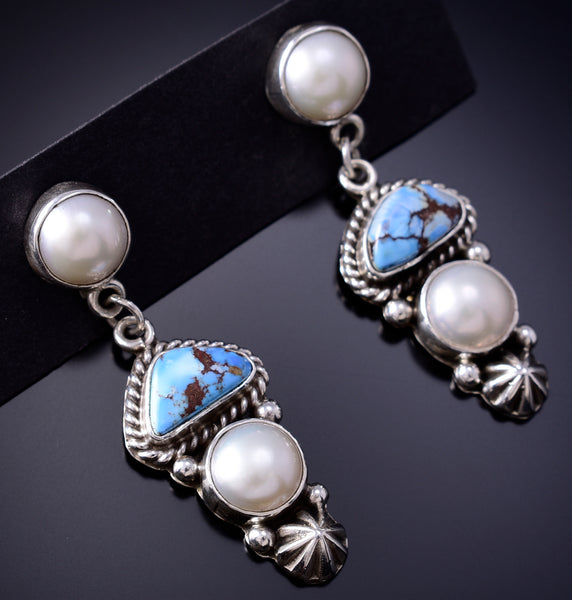 Silver & Golden Hills Turquoise Fresh Pearl Navajo Earrings by Erick Begay 6F27J