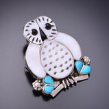 Silver & Mother of Pearl w/ Turquoise Zuni Inlay Owl Pendant & Brooch by Regina Kallestewa 3F12Y