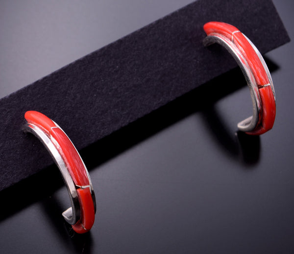 Elegant Mediterranean Red Coral &Silver Hoop Earrings by Margaret Chuyate 3E18Z