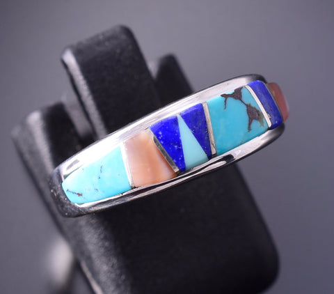 Size 5-3/4 Silver & Turquoise Multistone Navajo Inlay Ring 4B21C
