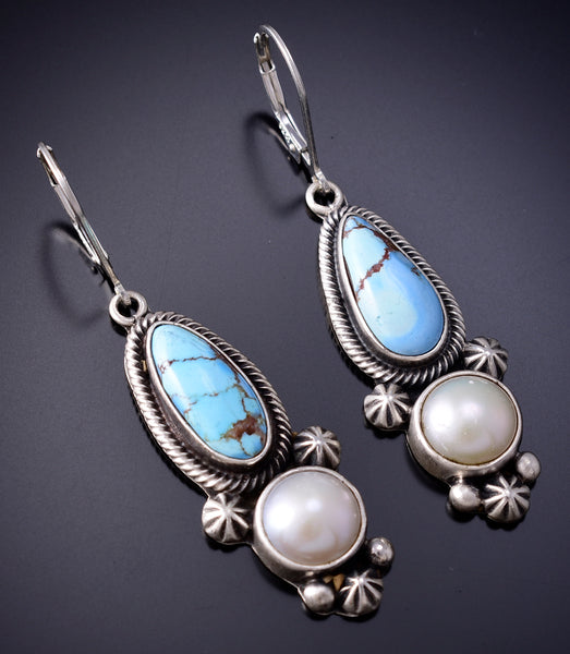 Silver & Golden Hills Turquoise w/ Fresh Pearl Navajo Earrings Erick Begay 6H17B
