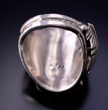 Size 9-1/4 Silver & Turquoise Coral Bear Navajo Men's Ring by J. Saunders 4L10T