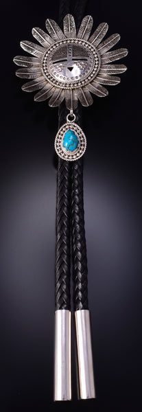 Silver & Turquoise Navajo Handmade Sunface Kachina Bolo Tie Wilford Begay 5J29O