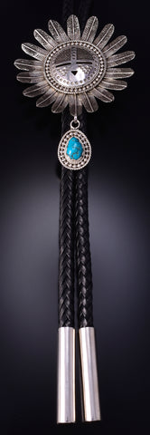 Silver & Turquoise Navajo Handmade Sunface Kachina Bolo Tie Wilford Begay 5J29O