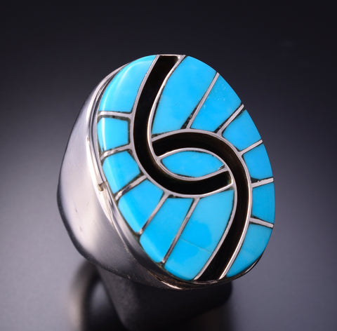 Size 11-3/4 Silver & Kingman Turquoise Zuni Inlay Hummingbird Mens Ring by Amy Quandelacy 3F22Z