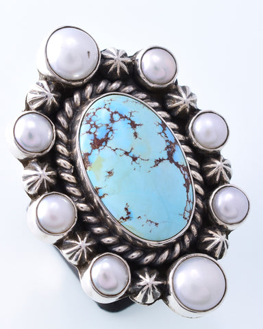 Size 8-1/2 Silver & Golden Hills Turquoise & Fresh Water Pearl Navajo Ring by Erick Begay 3H19F