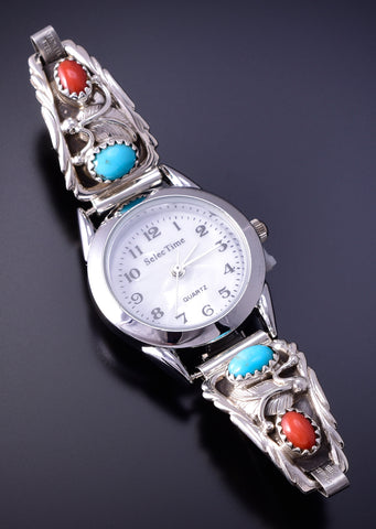 Silver & Turquoise w/ Coral Navajo Watch by Annie Spencer 4L07P