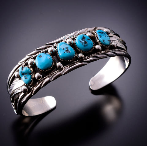 5 Turquoise Stone Classic Navajo Bracelet by Davey Morgan 4D11E