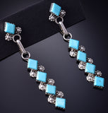 Silver & Turquoise Zuni Handmade Long Earrings by Olivia Qualo 5G16O