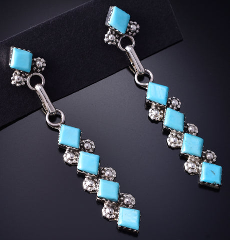 Silver & Turquoise Zuni Handmade Long Earrings by Olivia Qualo 5G16O