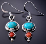 Silver & Turquoise w/ Coral Navajo Dangle Earrings by Gary Shorty 6G29S