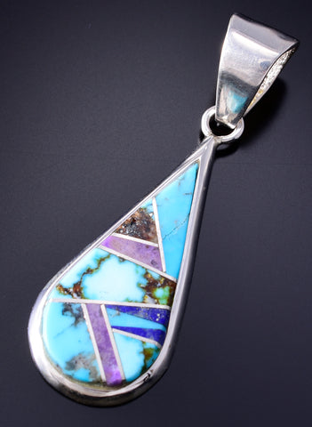 Silver & Turquoise Multistone Navajo Inlay Pendant by Evangeline David 5L21E