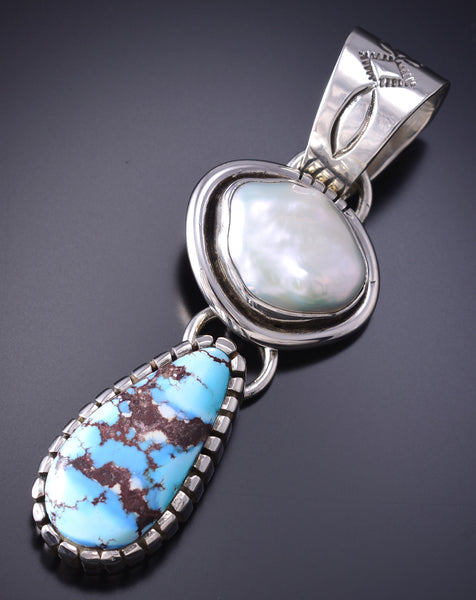 Silver & Golden Hills Turquoise w/ Fresh Water Pearl Pendant - Erick Begay 6H15J