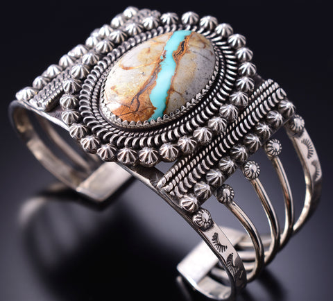 Vintage Silver & Boulder Turquoise Navajo Handmade Bracelet 6D28M