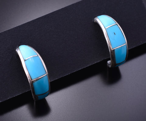 Silver & Turquoise Zuni Inlay Mini Hoop Earrings by Philbert Chavez 4A29U