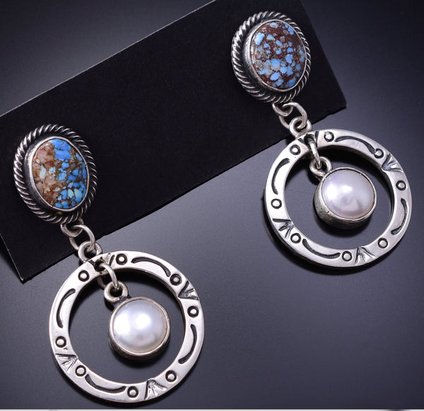Silver & Golden Hills Turquoise Fresh Pearl Navajo Earrings by Erick Begay 6C02O