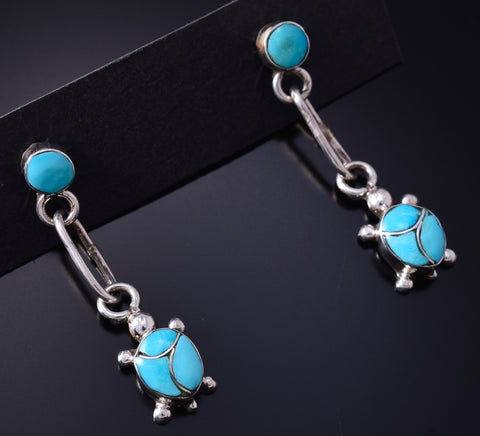 Silver & Turquoise Zuni Inlay Turtle Post Dangle Earrings 5F10Y