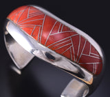 Vintage Silver & Mediterranean Coral Navajo Inlay Bracelet by F. Chee 5G12C