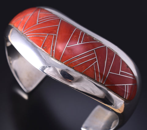 Vintage Silver & Mediterranean Coral Navajo Inlay Bracelet by F. Chee 5G12C