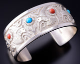 Turquoise & Coral Hummingbirds Navajo Bracelet by Philbert Begay 3J30E