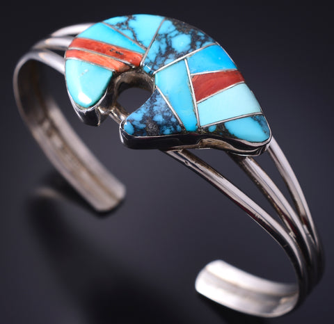 Vintage Silver & Turquoise Multistone Navajo Inlay Heartline Bear Bracelet 5H25D